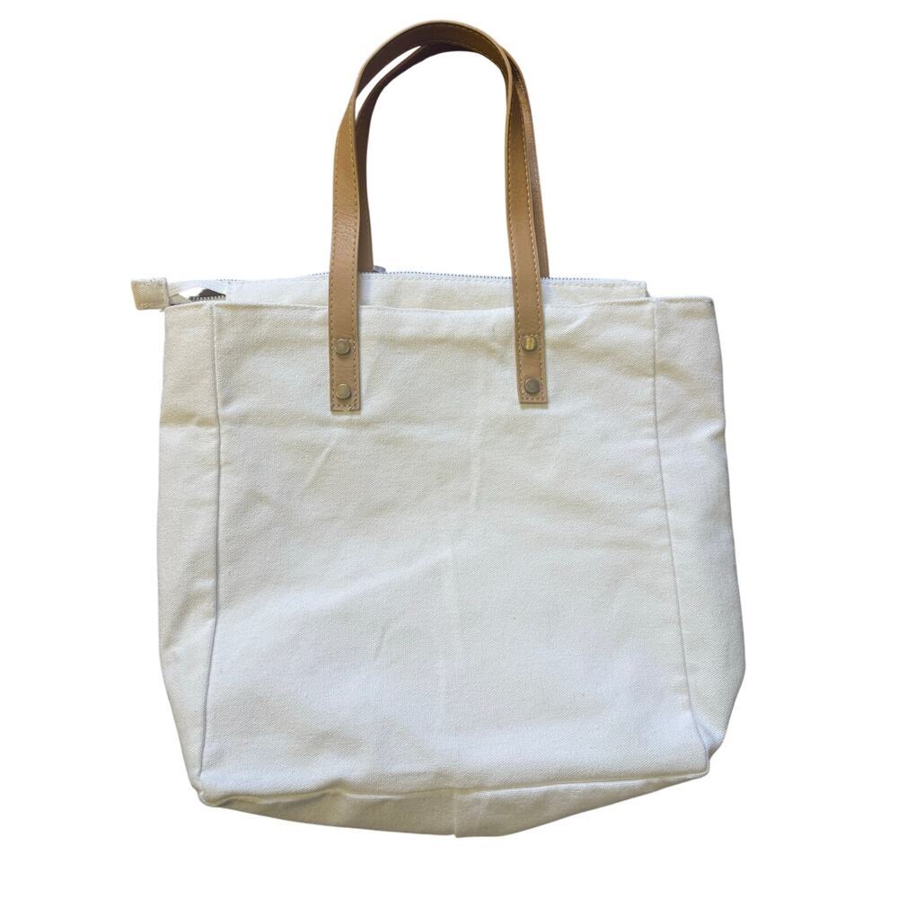 cozy earth white and tan canvas tote bag 12" tall - Picture 2 of 6